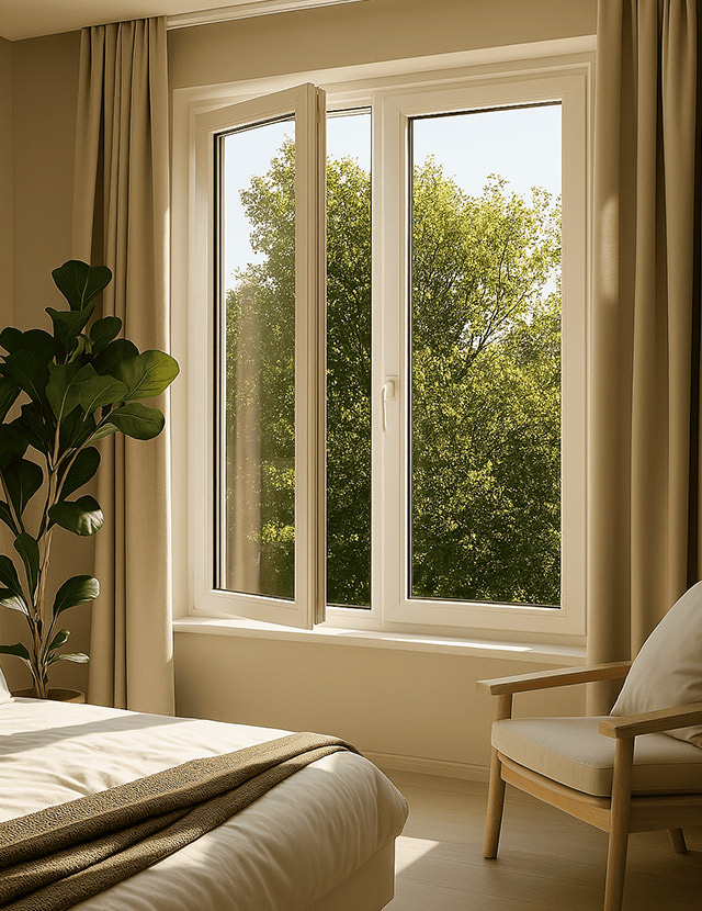 Finestra in PVC bianco con apertura a battente in una camera da letto dai toni neutri, con vista su una fitta vegetazione verde.