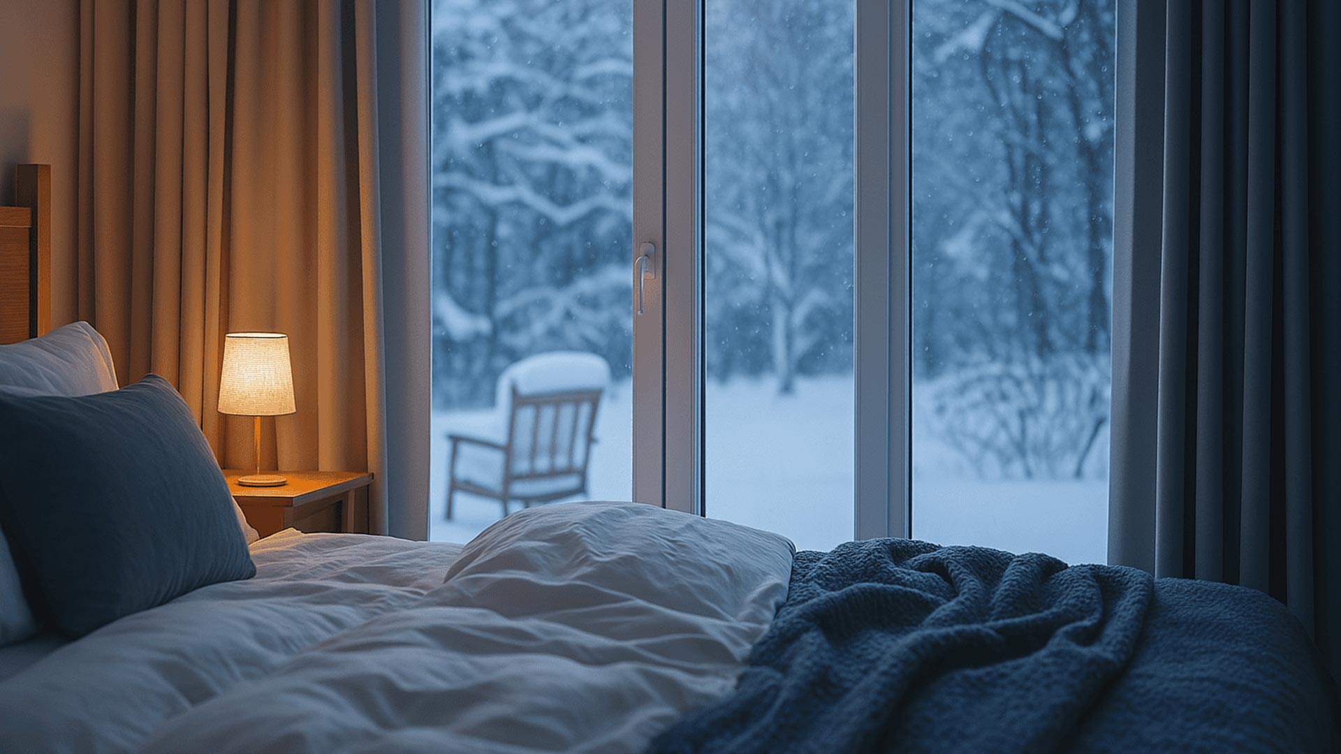 Camera da letto calda e accogliente con porta finestra in PVC bianco che isola termicamente dal paesaggio innevato visibile all'esterno.